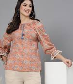 Apricot crush floral print puff sleeve cotton top with lace inserts, tie up neck & side slits