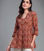 Burnt orange floral printed v neck cotton top