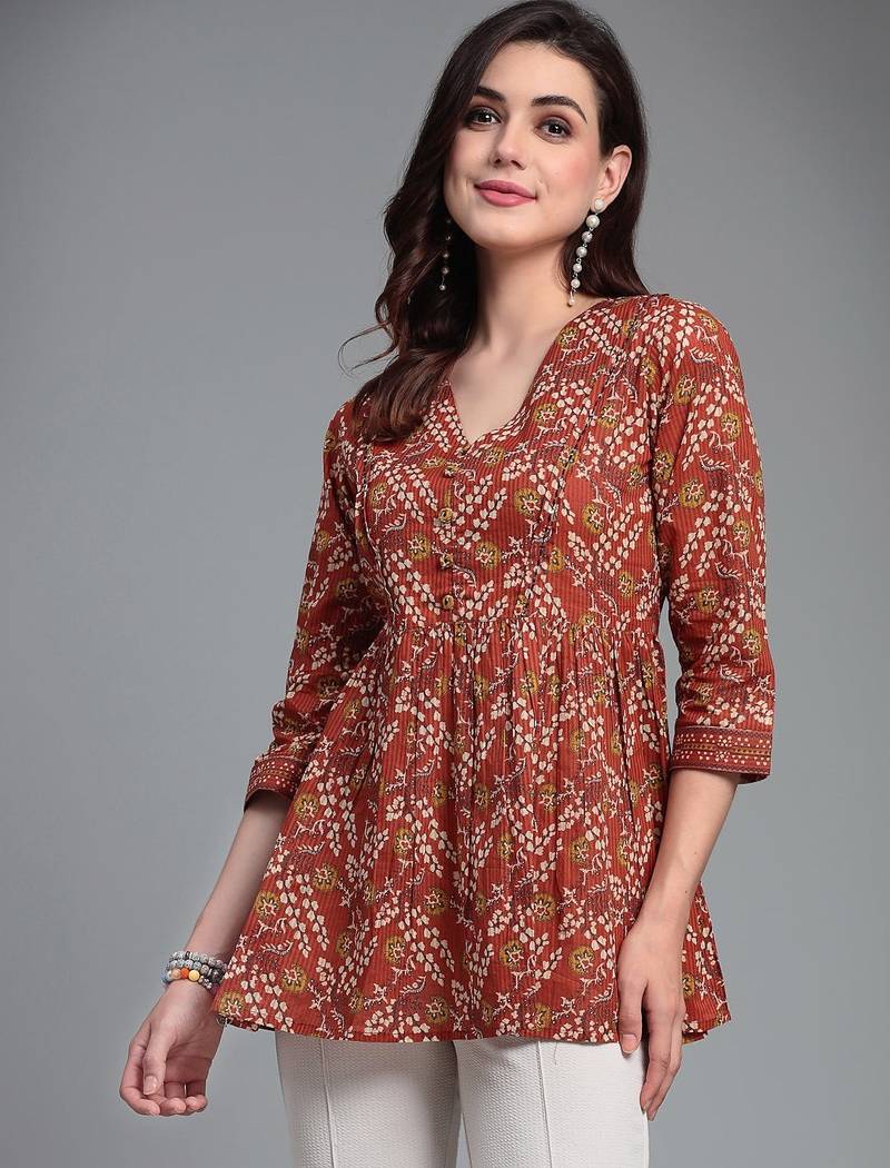 Burnt orange floral printed v neck cotton top