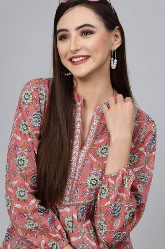 Flamingo pink floral printed v-neck gathered top