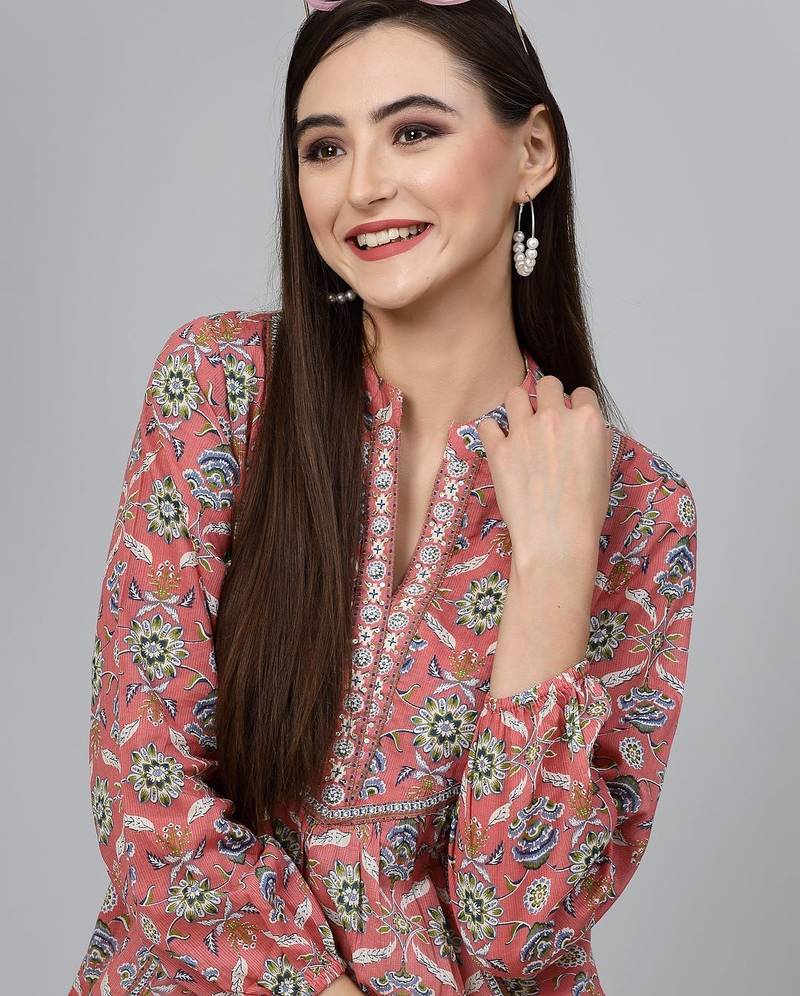 Flamingo pink floral printed v-neck gathered top