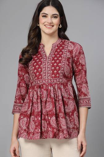 Crimson red paisley print gathered top with mandarin collar, 3/4 sleeves & sequinned yoke