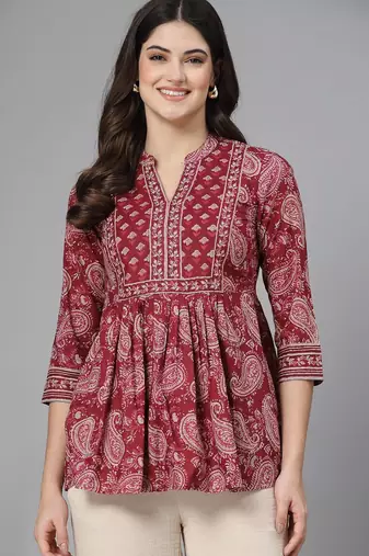 Crimson red paisley print gathered top with mandarin collar, 3/4 sleeves & sequinned yoke