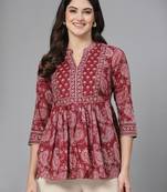 Crimson red paisley print gathered top with mandarin collar, 3/4 sleeves & sequinned yoke