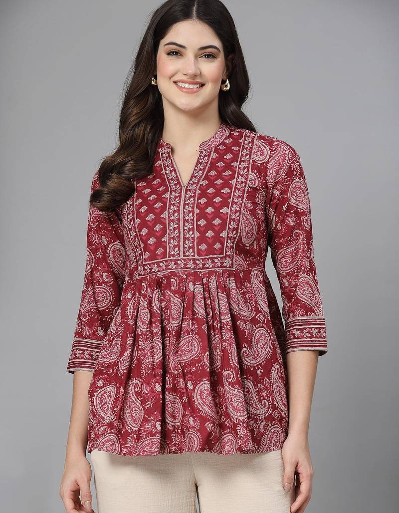 Crimson red paisley print gathered top with mandarin collar, 3/4 sleeves & sequinned yoke