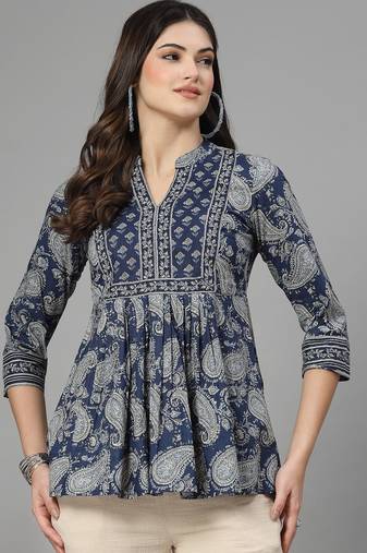 Dark blue paisley print gathered top with mandarin collar, 3/4 sleeves & sequinned yoke