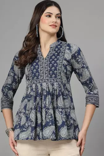 Dark blue paisley print gathered top with mandarin collar, 3/4 sleeves & sequinned yoke