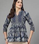 Dark blue paisley print gathered top with mandarin collar, 3/4 sleeves & sequinned yoke