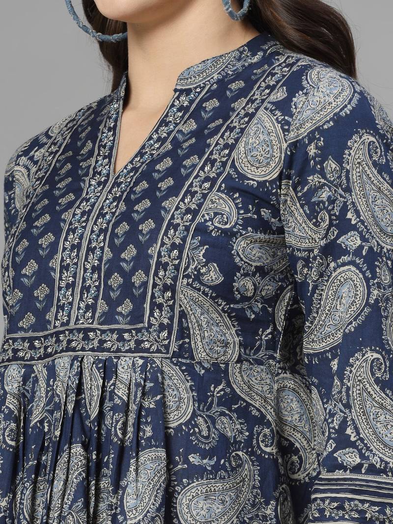 Dark blue paisley print gathered top with mandarin collar, 3/4 sleeves & sequinned yoke