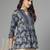 Dark blue paisley print gathered top with mandarin collar, 3/4 sleeves & sequinned yoke