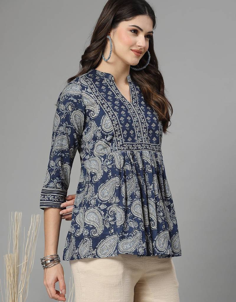 Dark blue paisley print gathered top with mandarin collar, 3/4 sleeves & sequinned yoke