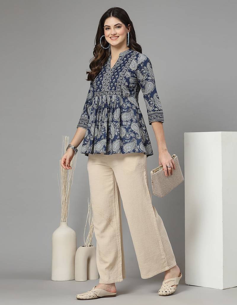Dark blue paisley print gathered top with mandarin collar, 3/4 sleeves & sequinned yoke