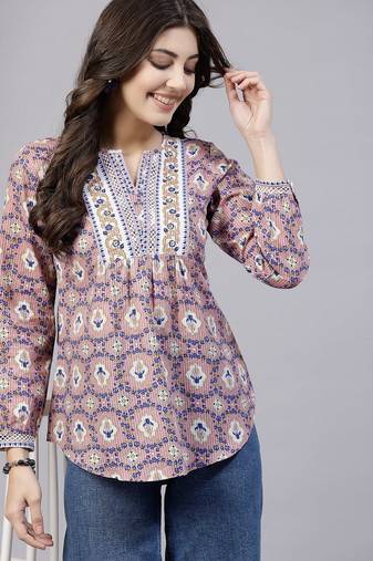 Pink floral printed top with lace & embellished yoke