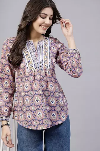 Pink floral printed top with lace & embellished yoke