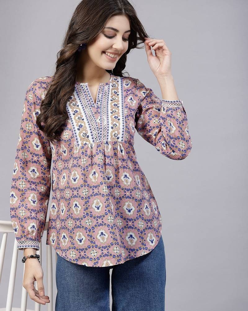 Pink floral printed top with lace & embellished yoke