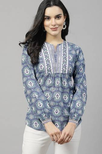 Pastel green floral printed top with lace & embellished yoke