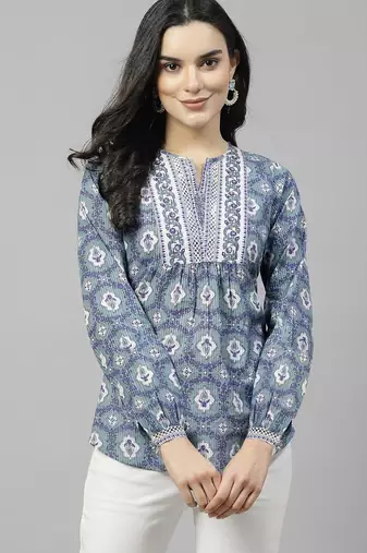 Pastel green floral printed top with lace & embellished yoke