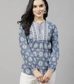 Pastel green floral printed top with lace & embellished yoke