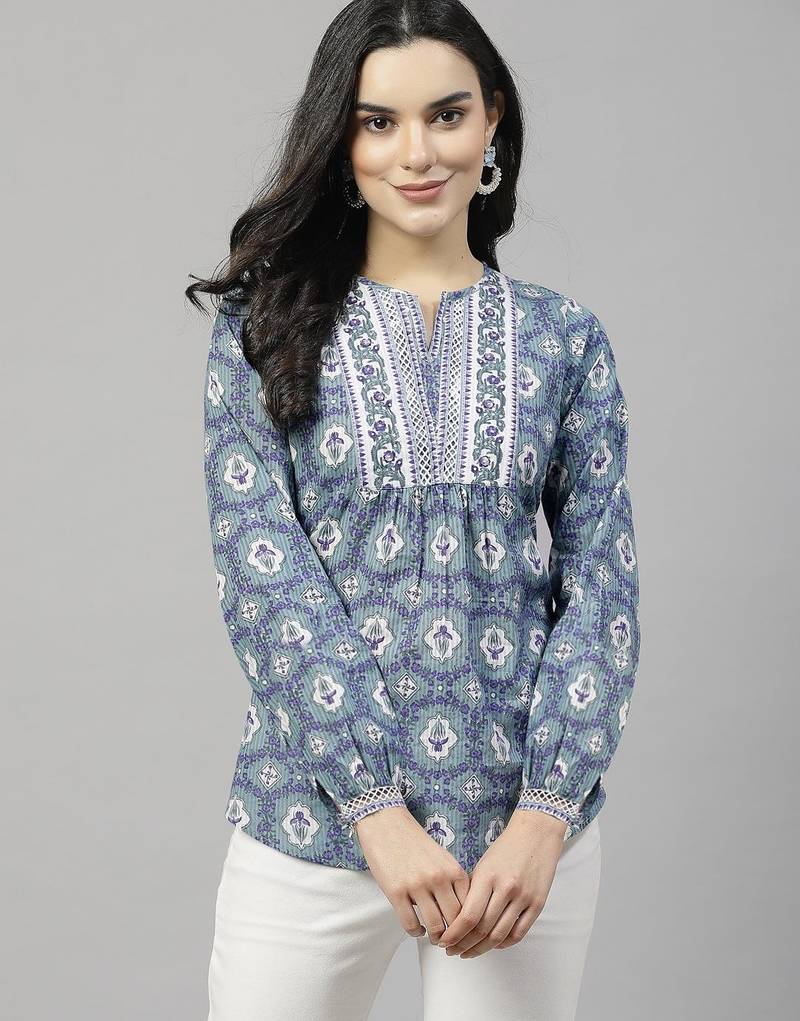 Pastel green floral printed top with lace & embellished yoke