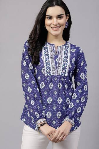 Violet floral printed top with lace and embellished yoke