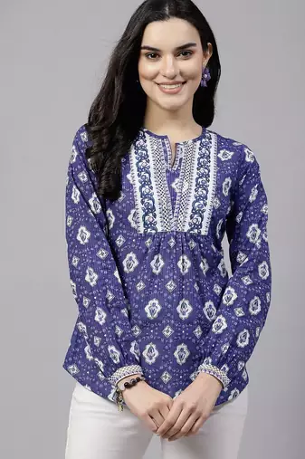 Violet floral printed top with lace and embellished yoke