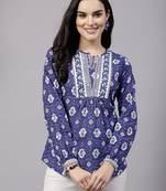 Violet floral printed top with lace and embellished yoke