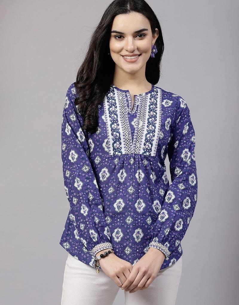 Violet floral printed top with lace and embellished yoke
