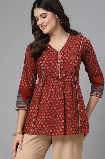 Red printed v neck top with three quarter sleeves & sequinned yoke