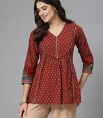 Red printed v neck top with three quarter sleeves & sequinned yoke