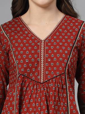 Red printed v neck top with three quarter sleeves & sequinned yoke 2