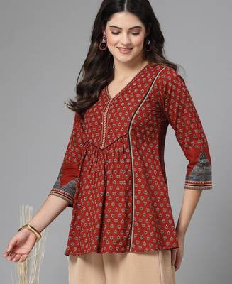 Red printed v neck top with three quarter sleeves & sequinned yoke 3