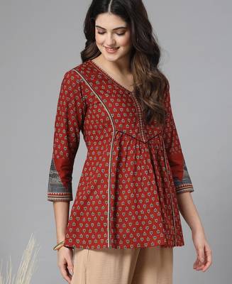 Red printed v neck top with three quarter sleeves & sequinned yoke 4