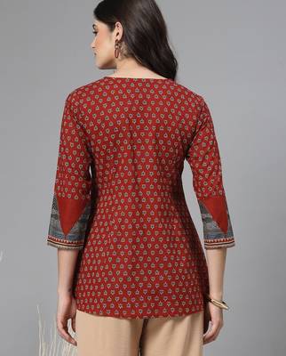 Red printed v neck top with three quarter sleeves & sequinned yoke 5