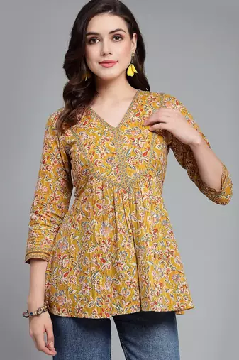 Tuscany yellow floral printed v-neck empire top