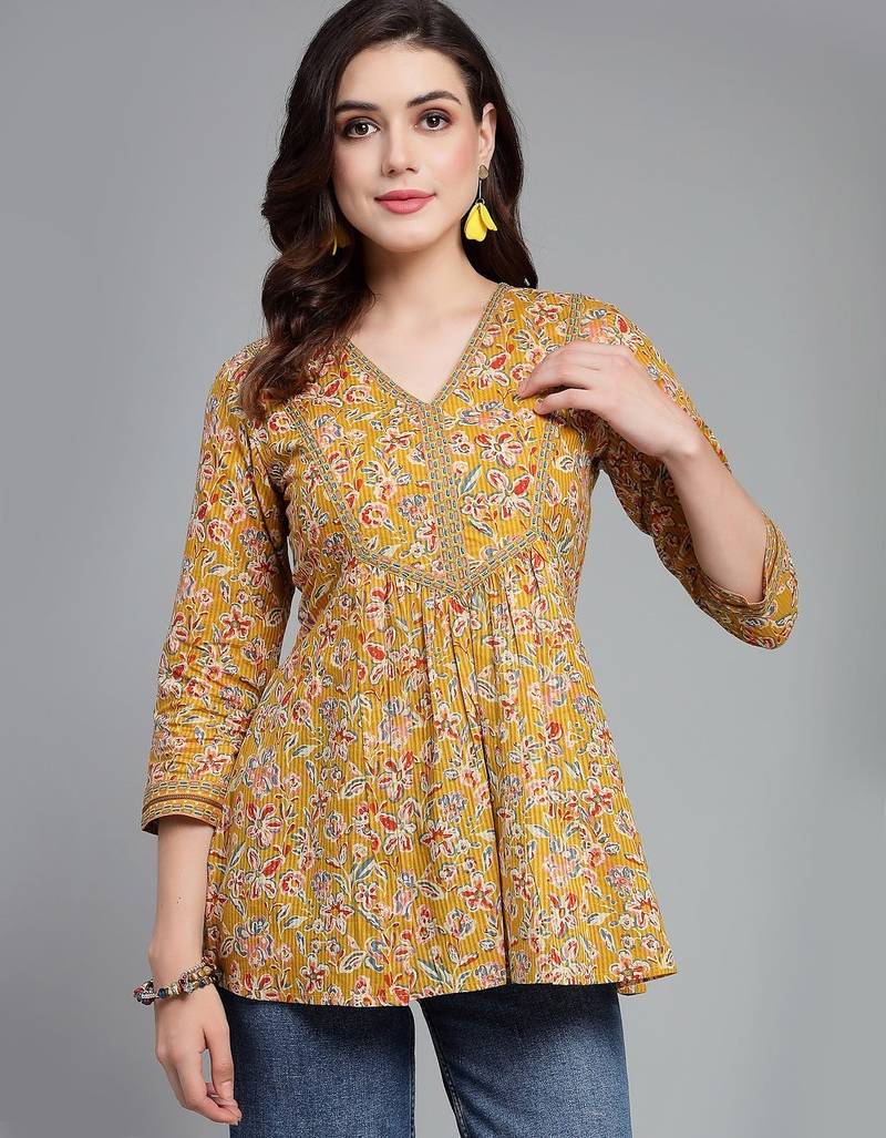 Tuscany yellow floral printed v-neck empire top