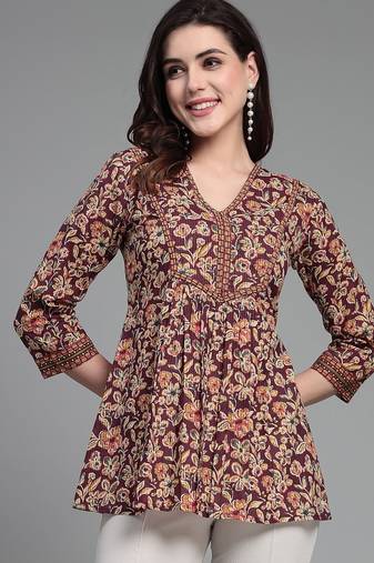 Wine floral printed v-neck empire top