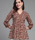 Wine floral printed v-neck empire top