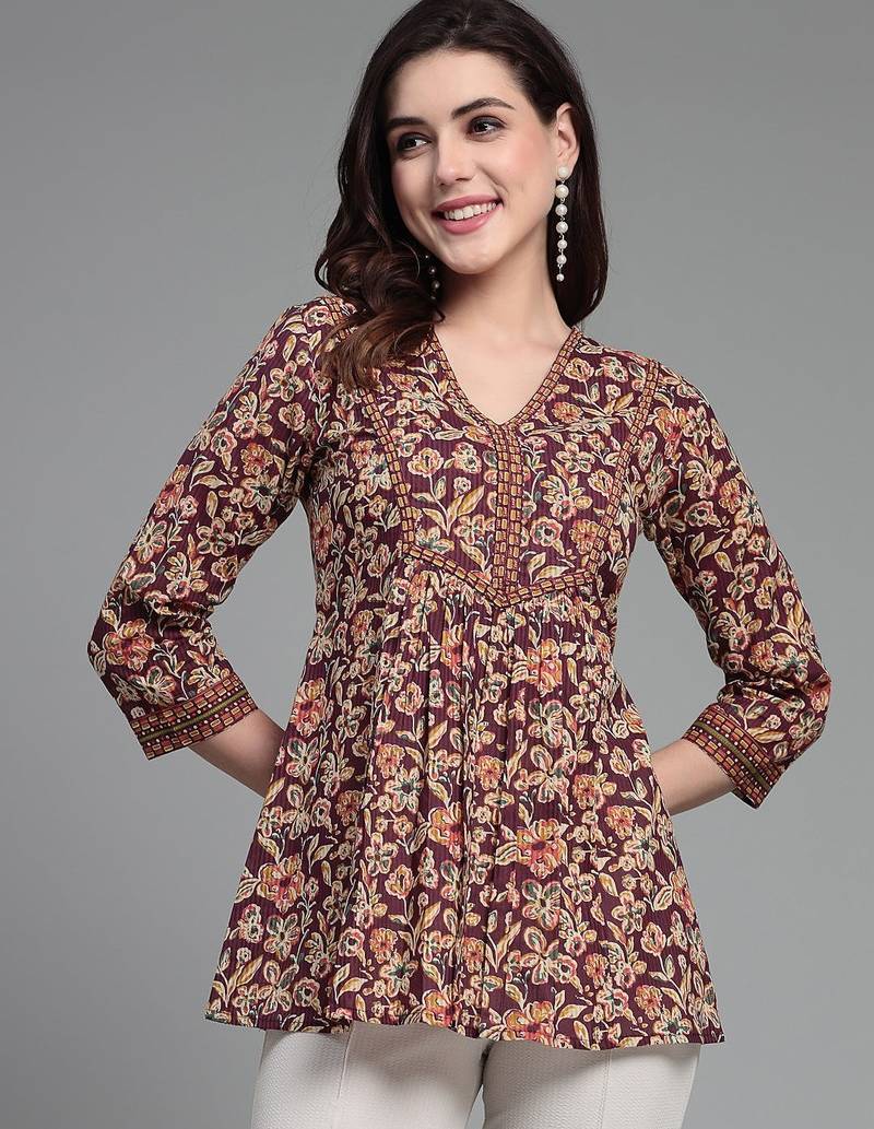 Wine floral printed v-neck empire top