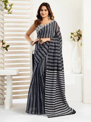 Black digital printed linen ready to wear designer saree with unstitched blouse 1