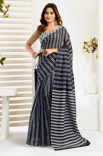 Black digital printed linen ready to wear designer saree with unstitched blouse