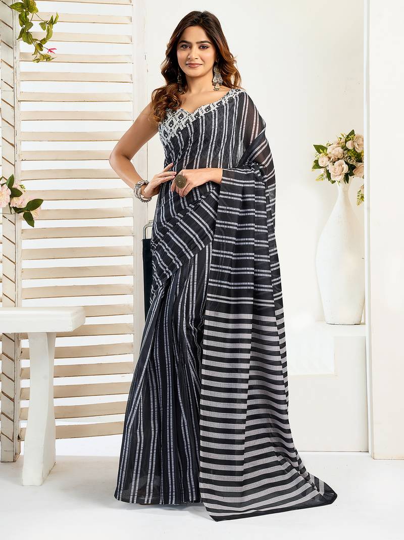 Black digital printed linen ready to wear designer saree with unstitched blouse