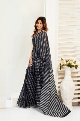 Black digital printed linen ready to wear designer saree with unstitched blouse 3