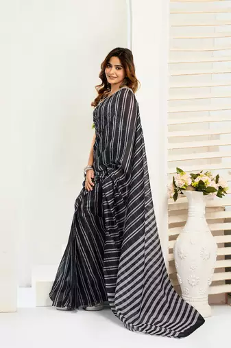 Black digital printed linen ready to wear designer saree with unstitched blouse