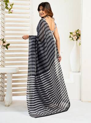 Black digital printed linen ready to wear designer saree with unstitched blouse 4