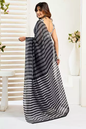 Black digital printed linen ready to wear designer saree with unstitched blouse