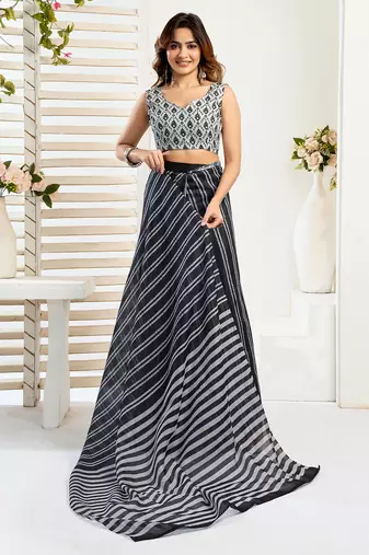Black digital printed linen ready to wear designer saree with unstitched blouse
