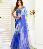 Blue digital printed linen ready to wear designer saree with unstitched blouse