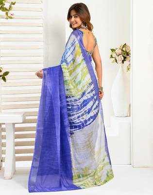 Blue digital printed linen ready to wear designer saree with unstitched blouse 4