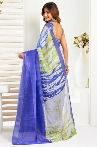 Blue digital printed linen ready to wear designer saree with unstitched blouse
