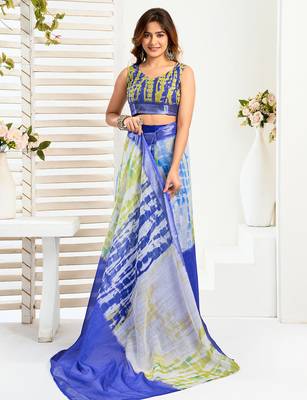 Blue digital printed linen ready to wear designer saree with unstitched blouse 5